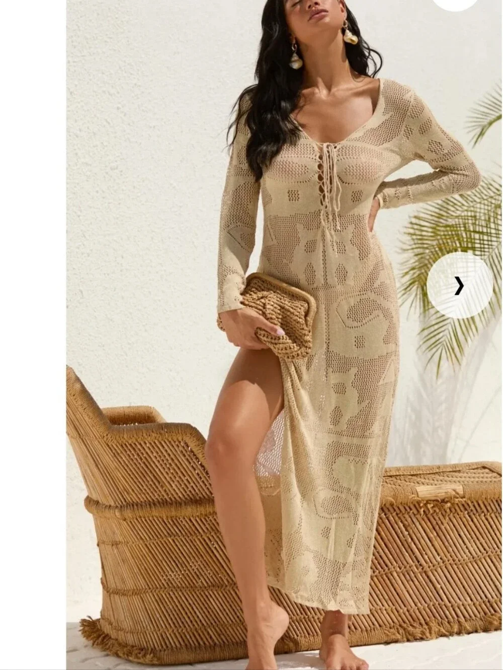 Dolcessa Beige Crochet Lace-Up Swim Cover-Up Dress